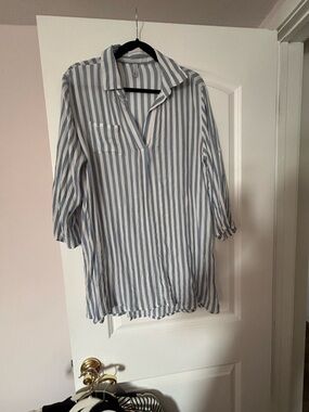 Striped V-Neck Tunic Shirt - Light Blue & White
